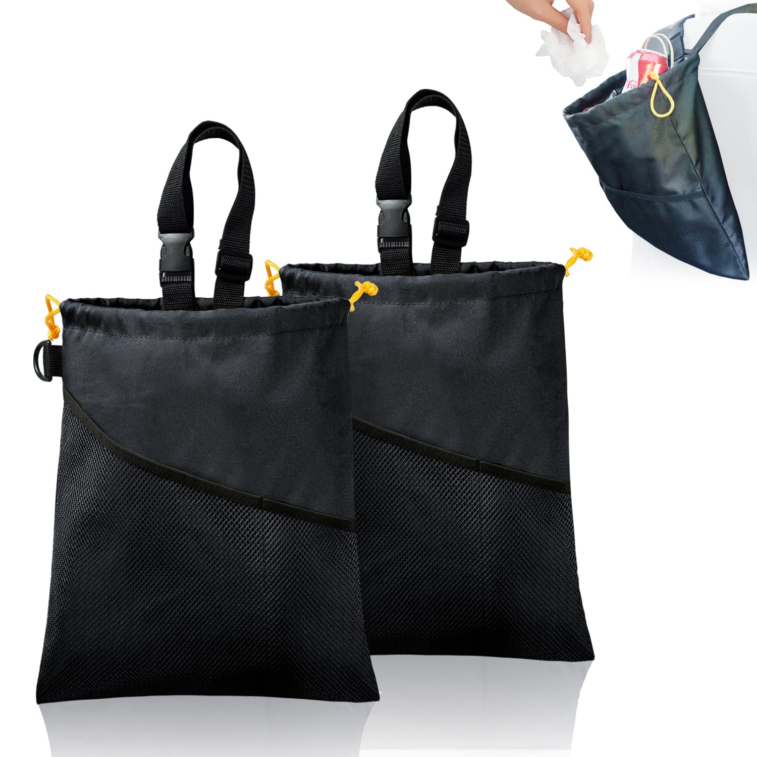 

WISEPRO Автомобильный мусорный бак Большой органайзер на шнурке с сеткой Портативный автомобильный мусорный бак Толстая ткань Оксфорд Сумка для хранения в автомобиле для заднего пассажира Набор из 2 сумок,