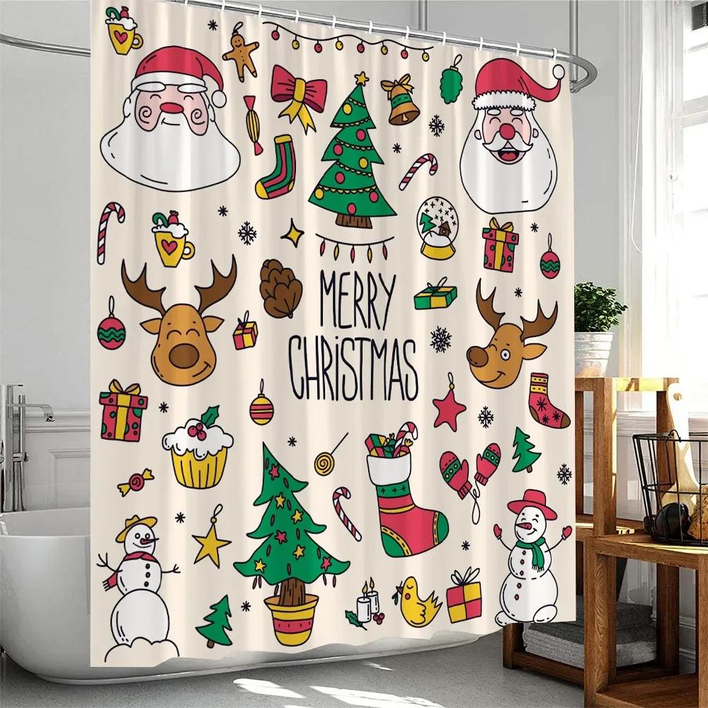 Christmas Cartoon Shower Curtain Santa Claus Xmas Tree Elk Snowflake Merry Christmas Bathtub Decor Polyester Fabric Bath Curtain