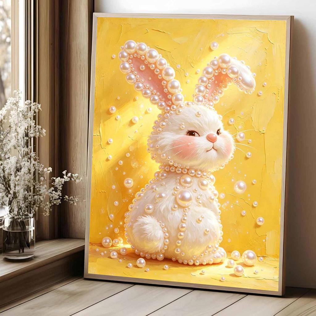 DIY 5D Pearl Bead Painting Kit with Frame Cute Rabbit in Yellow Shiny Canvas Art for Bedroom Wall Decor and Gift for Home Decoration