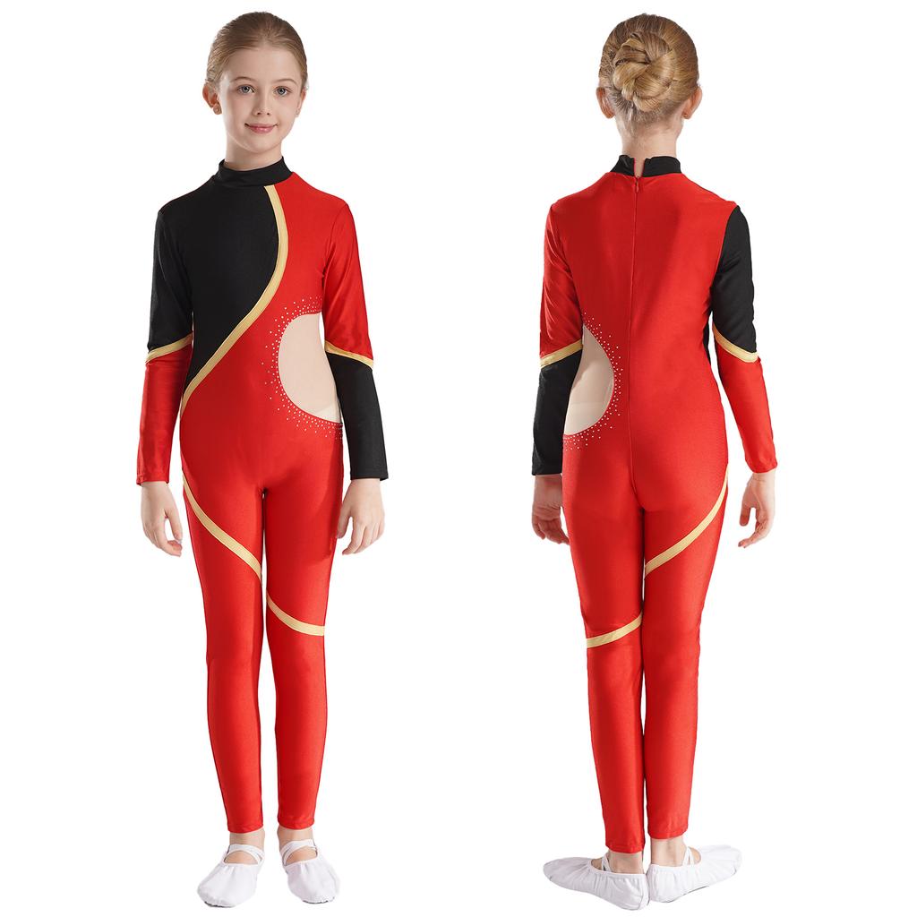 Kinder Mädchen Eiskunstlauf Ganzanzug Glänzender Strass Overall Langarm Body Gymnastik Tanz Performance Kostüm