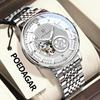 POEDAGAR Fashion Business Men Automatic Mechanical Watch Waterproof Luminous Hollow Tourbillon Male Clock Steel Strap Men's Watches
