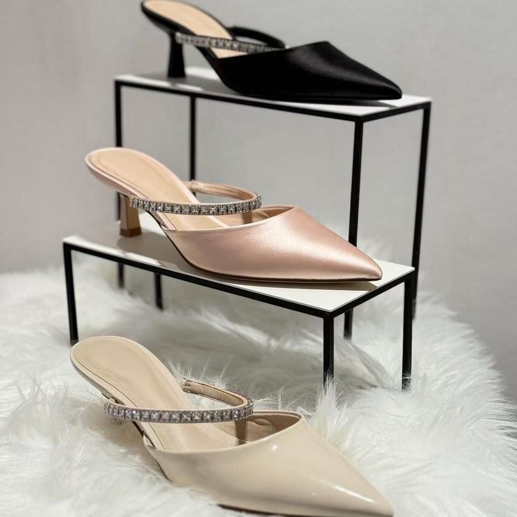 CHENGMAIZU25 Summer Rhinestone Pointed-Toe Stiletto Mules - Women's Closed-Toe Sandals