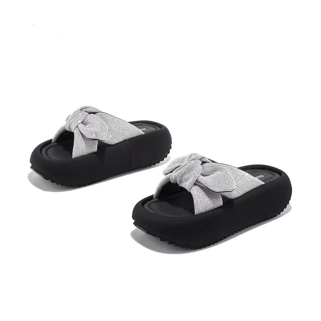 Bow Rhinestone Thick-bottomed One-word Slippers for Women To Wear 2025 New Fashionable Versatile Beach Slippers