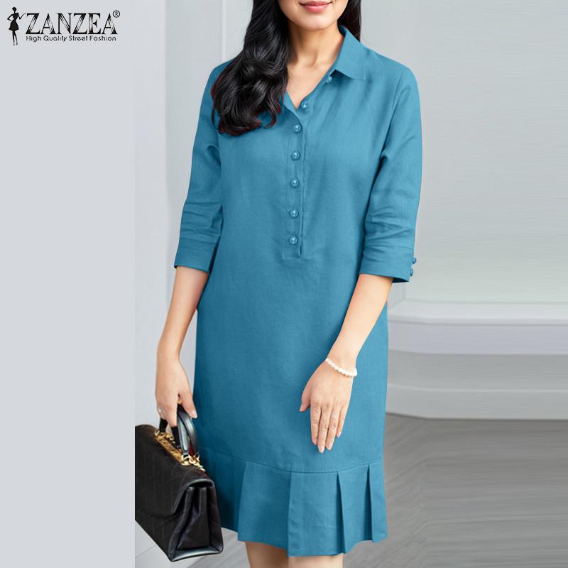 ZANZEA Women Casual Turn Down Collar Loose 3/4 Sleeve Plain Dress