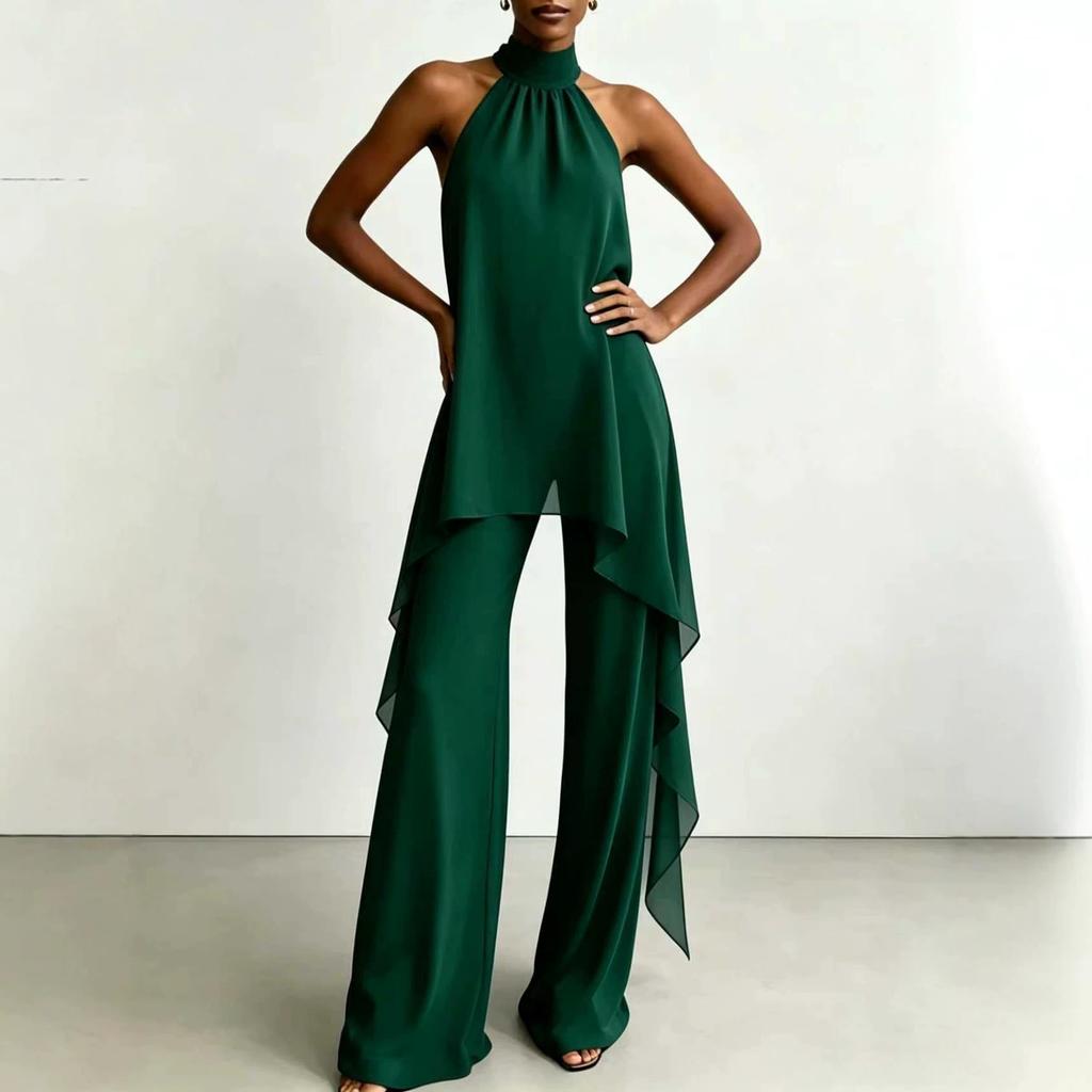 Cross-border special supply of European and American style neck off-the-shoulder chiffon top wide-leg pants set, temperament thin and drape two-piece 