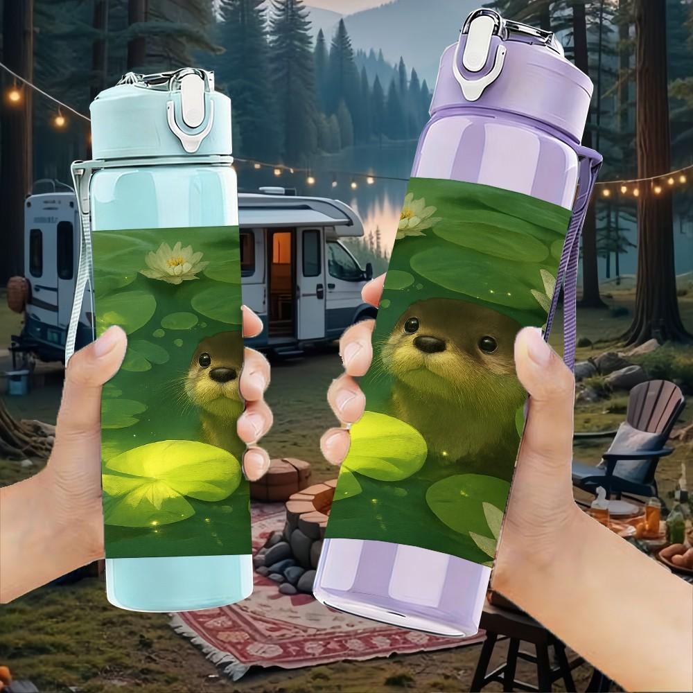 1PC Otter Lotus Pond Scene 750ml Color Plastic Sports Water Bottle Leakproof Flip Straw Lid Suitable for Sports Office Home Use