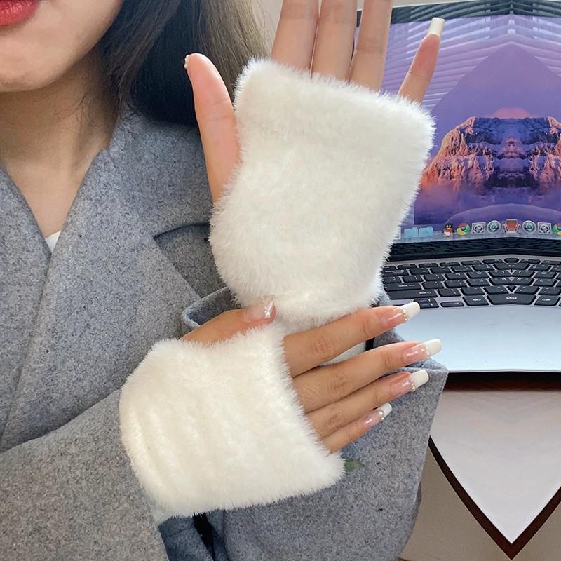 Women's Fluffy White Faux Fur Fingerless Gloves - Winter Warm, Fleece Lined, Long Sleeves