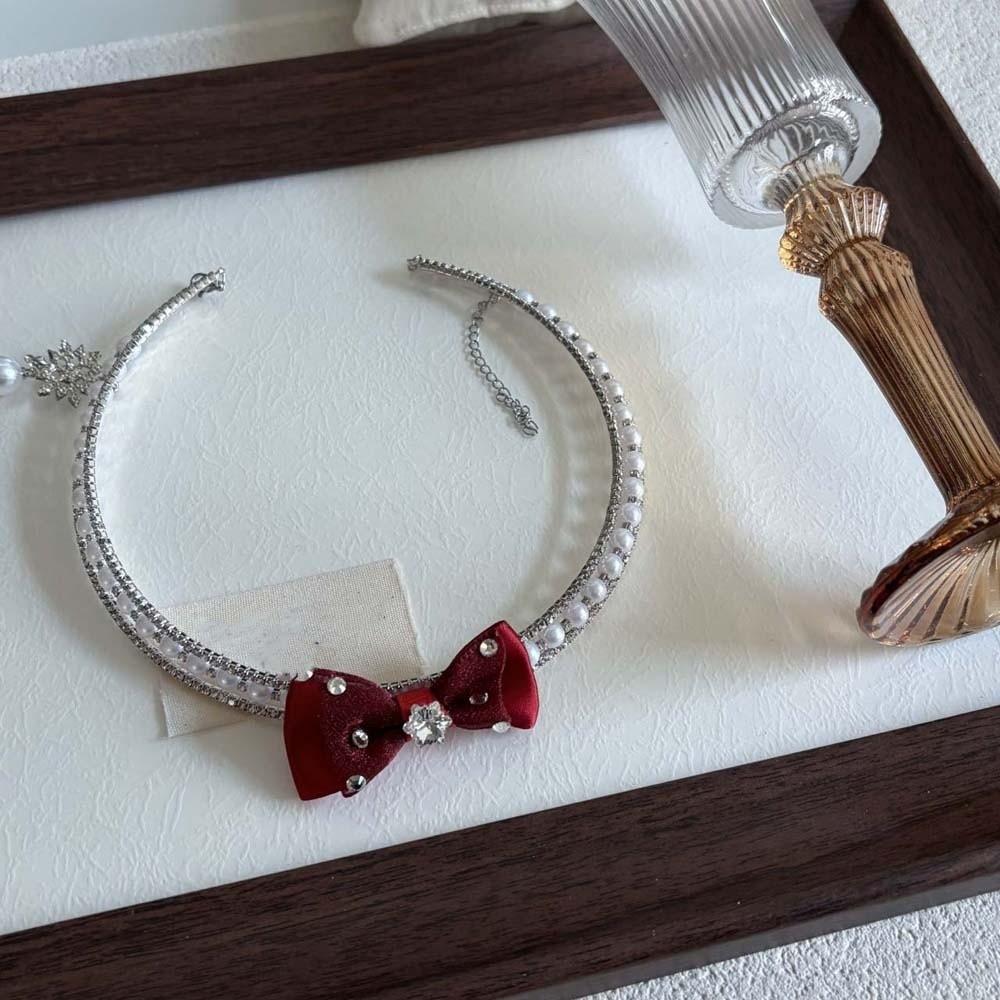 Collier avec Perles Nœud Argenté Pompon Bijou de Cou Brillant Perles Personnalisées Choker Strass pour Cadeau