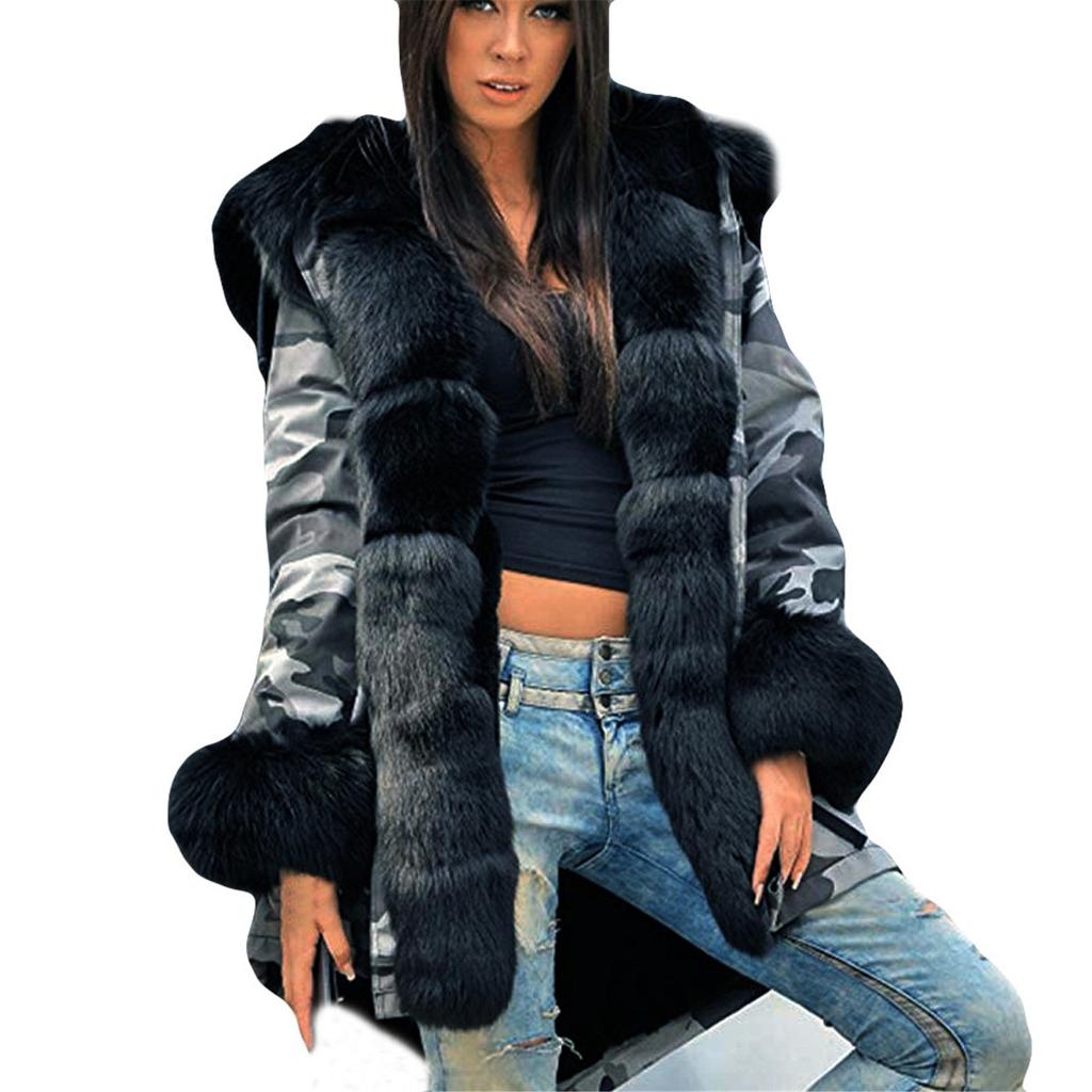 Women's Faux-Fur Shaggy Winter Camo-Coat Long Sleeve Open Front Outwear Fishtail Hooded Jacket
