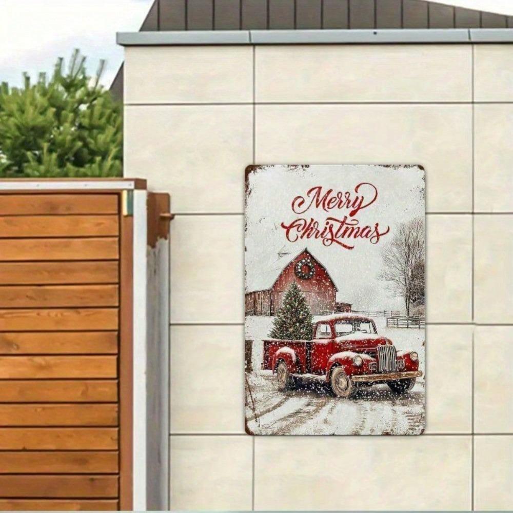 Vintage Merry Christmas Red Truck Metal Tin Sign 12x8 Inch, 2D Flat Rustic Snowy Wall Plaque for Home Yard