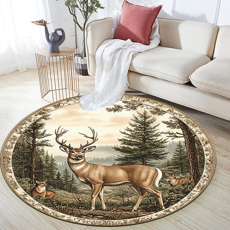 Deer Forest Round Area Rug,Carpet Rug for Living Room Bedroom Sofa Playroom Decor,Non-slip Floor Mat