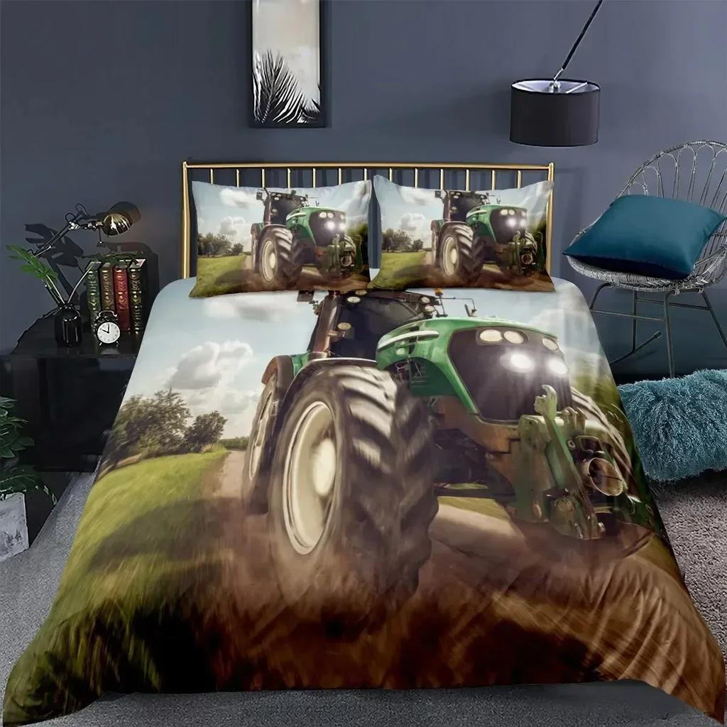 Retro Tractor King Queen Duvet Cover Car Bedding Set Engineering Vehicle Quilt Cover Farm Tool Cart Polyester Quilt Cover