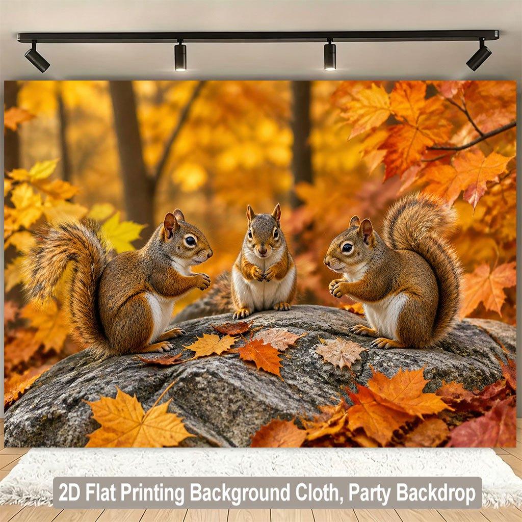 1 piece of 2D flat background fabric a scene background fabric of squirrels playing in the autumn woods wooden board wall.PMJ