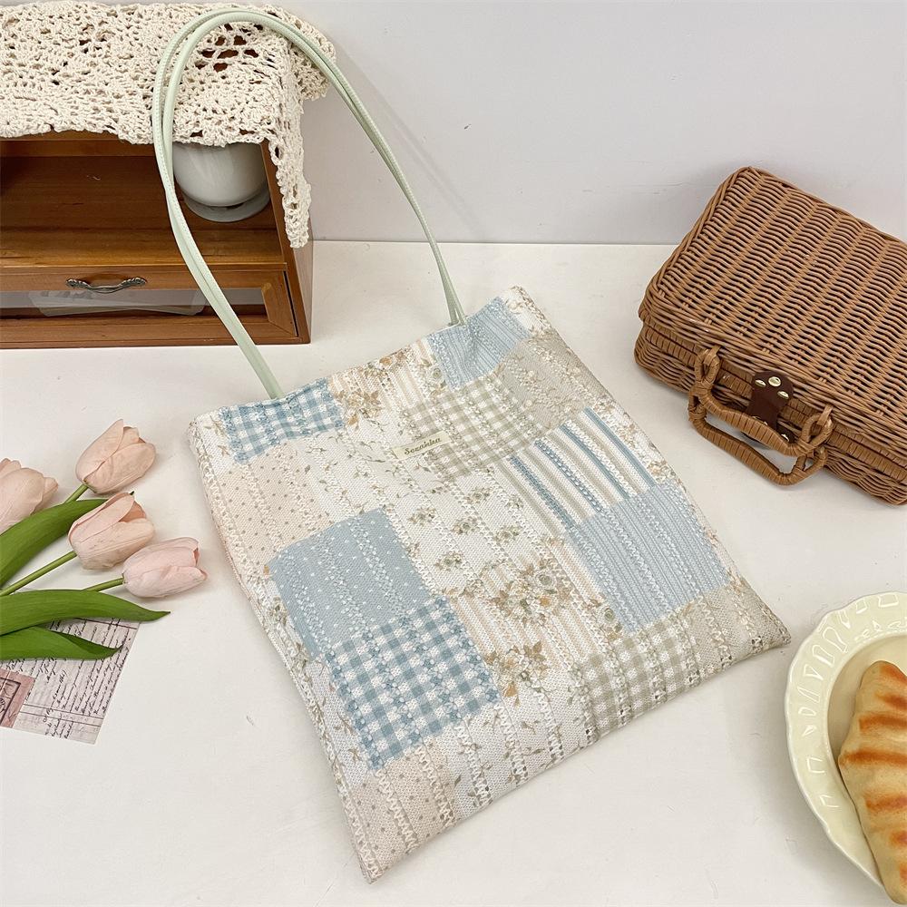 Lazy print sweet plaid shoulder shopping bag leisure commuter canvas bag tote bag