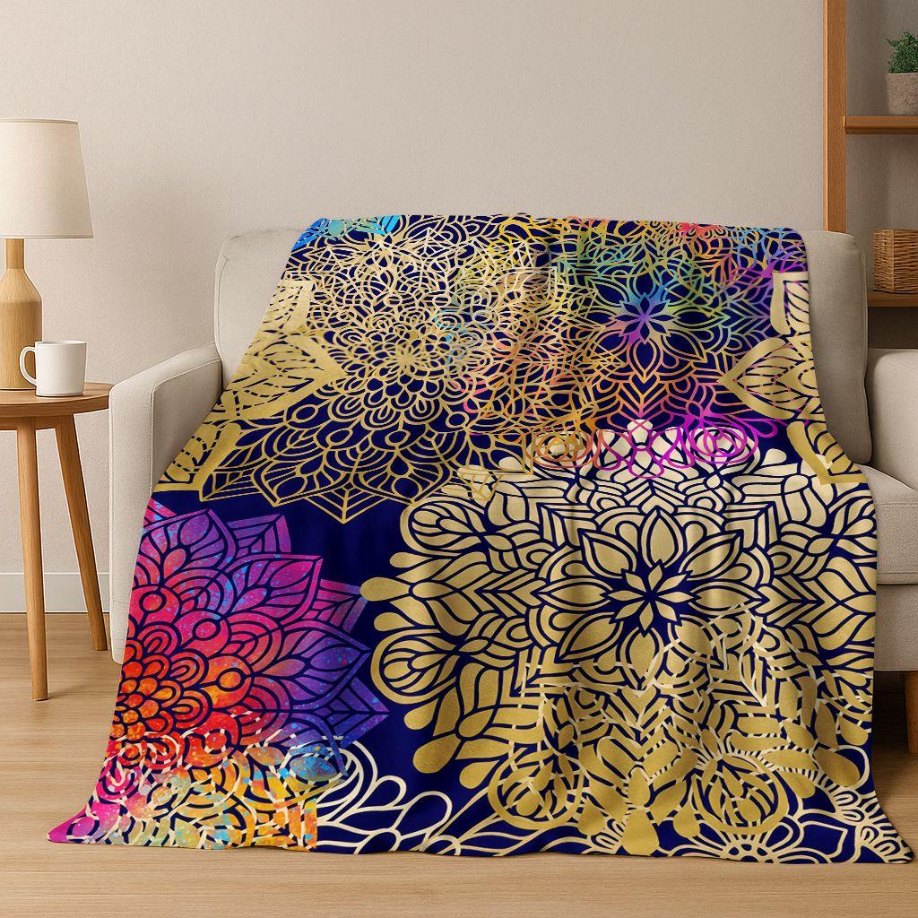 Rainbow Mandala Flower Chakras Yoga Bohemia Art Flannel Blanket,Cozy Soft Throw Blanket for Home Bedroom Bed Sofa Cover Kid Gift