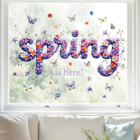 Spring Window Cling Double-Sided Butterfly Letter Sticker Waterproof PVC Static Glass Colorful Flower Holiday Party Window