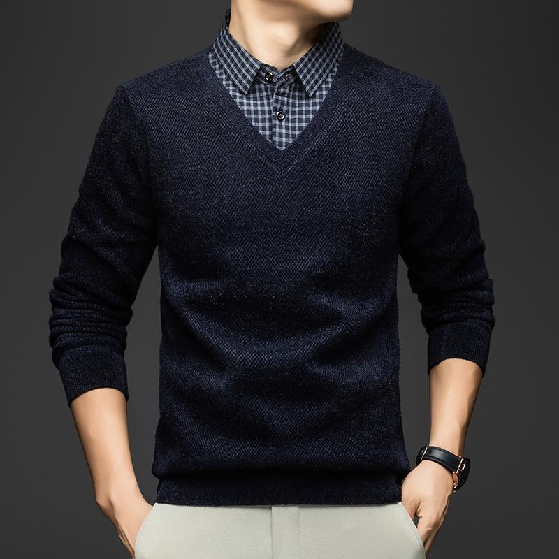 Men s Plaid Winter Knitwear: Two-Piece Business Casual Sweater for Middle-Aged & Elderly 2XL