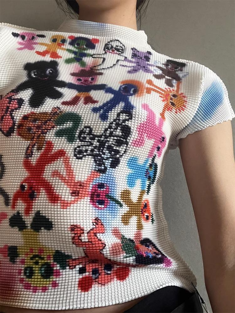 2025 Damenmode Originaldruck Graffiti Schlankmachendes T-Shirt - Kurzarm, Lebhaft & Künstlerisch