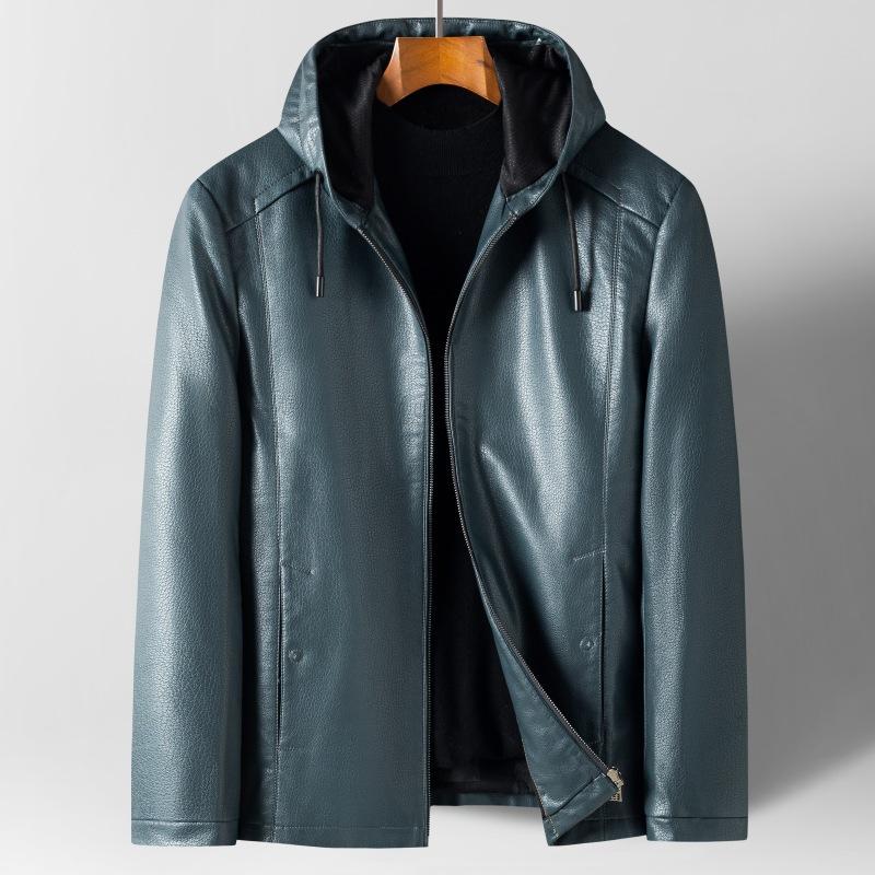 Leather Jacket Men's Handsome Hooded Casual Leather Jacket Middle-aged Dad Autumn and Winter Sheepskin Men's Jacket