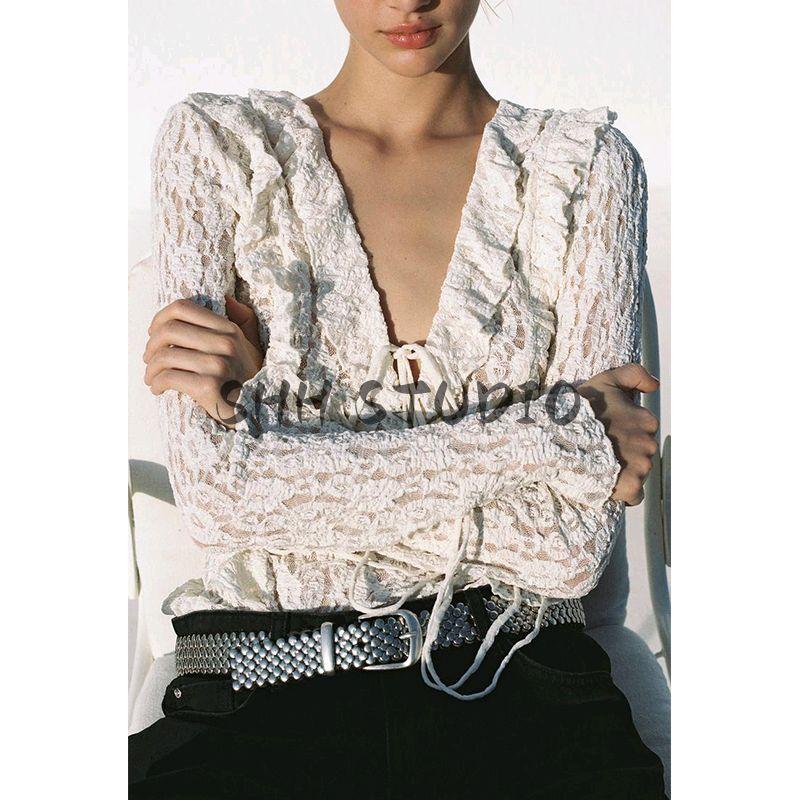Women's Spring Clothing Romantic Style Bows Lace-up Long Sleeve V-neck Lace Laminated Decoration Tops 4813319