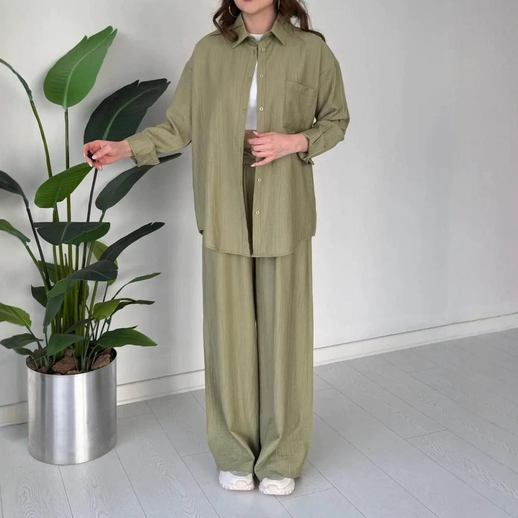 European and American women's clothing new daily casual style long-sleeved button-up shirt drawstring wide-leg pants set