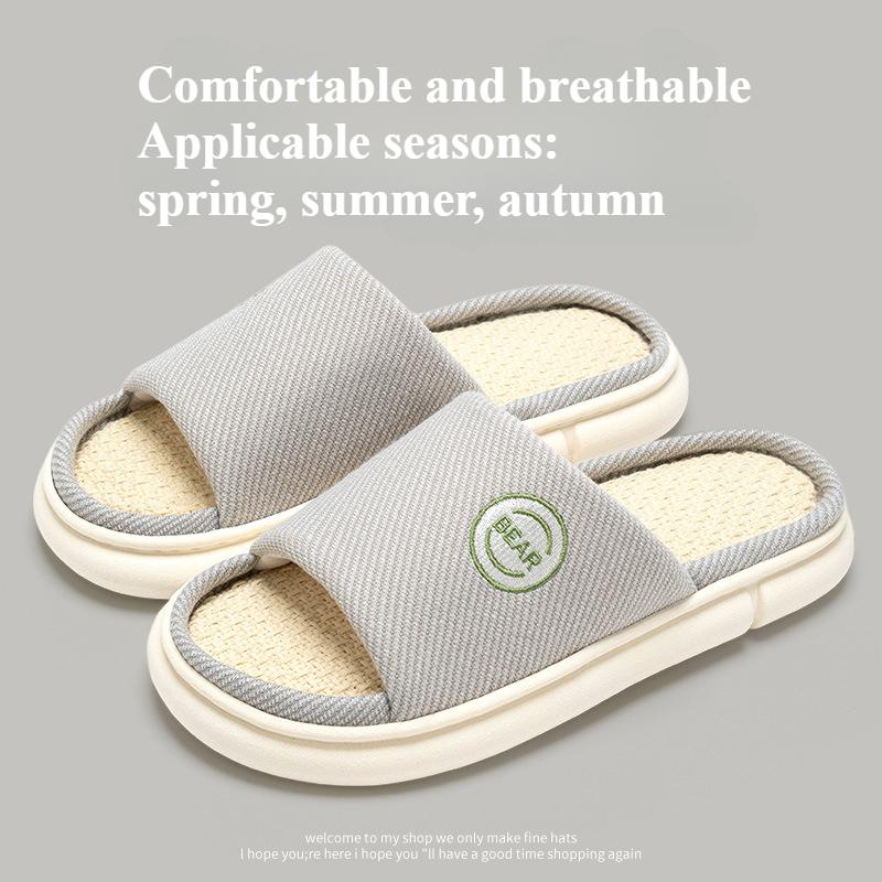 Linen Slippers for Indoor Home Use, Women's Four Seasons, Thick Soled, Non Slip, Silent, Breathable, Men's Outdoor Wear