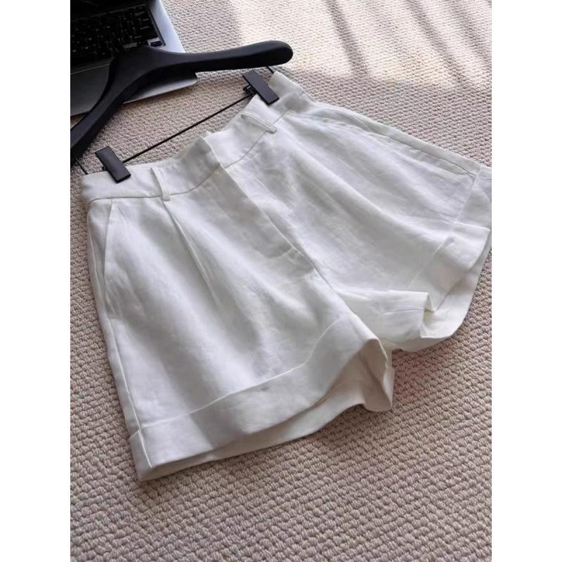

Old Money Style: Women s High-Waisted White Linen Cuffed Shorts - Summer Casual, Leg-Lengthening Wide-Leg Pants Extra Large белый