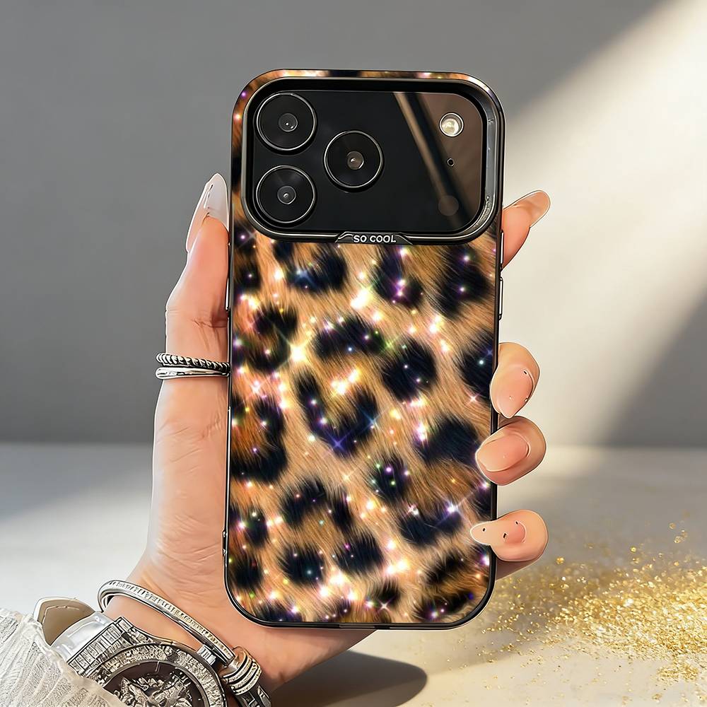 L-Luxury F-Fashion leopard Print Phone Case For iPhone17 16 15 14 13 12 Pro Max Grey Black Matte Laser Metallic Aurora Funda