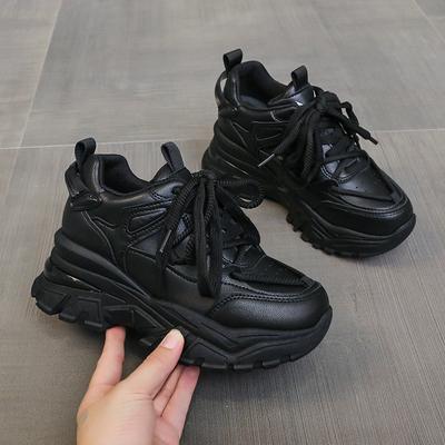 Zapatillas de plataforma con tacón oculto para mujer, zapatos vulcanizados con cordones de color liso, suela gruesa, de piel sintética, informales, para caminar