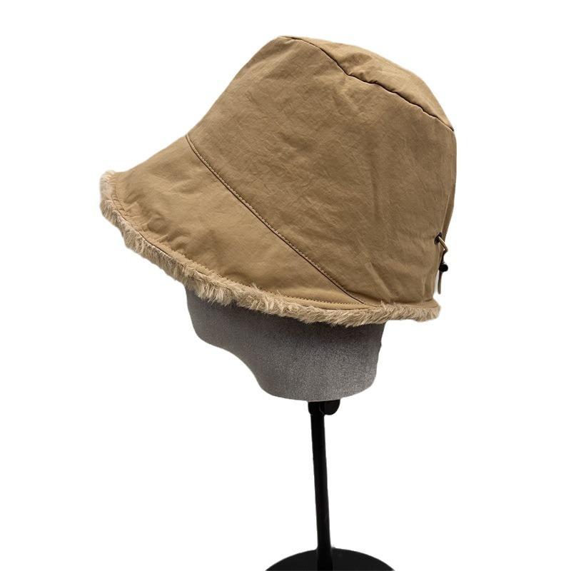 Nylon Waterproof Velvet External Drawstring Front Long Rear Short Basin Hat Women's Winter Literary and Leisure Warm Bucket Hat