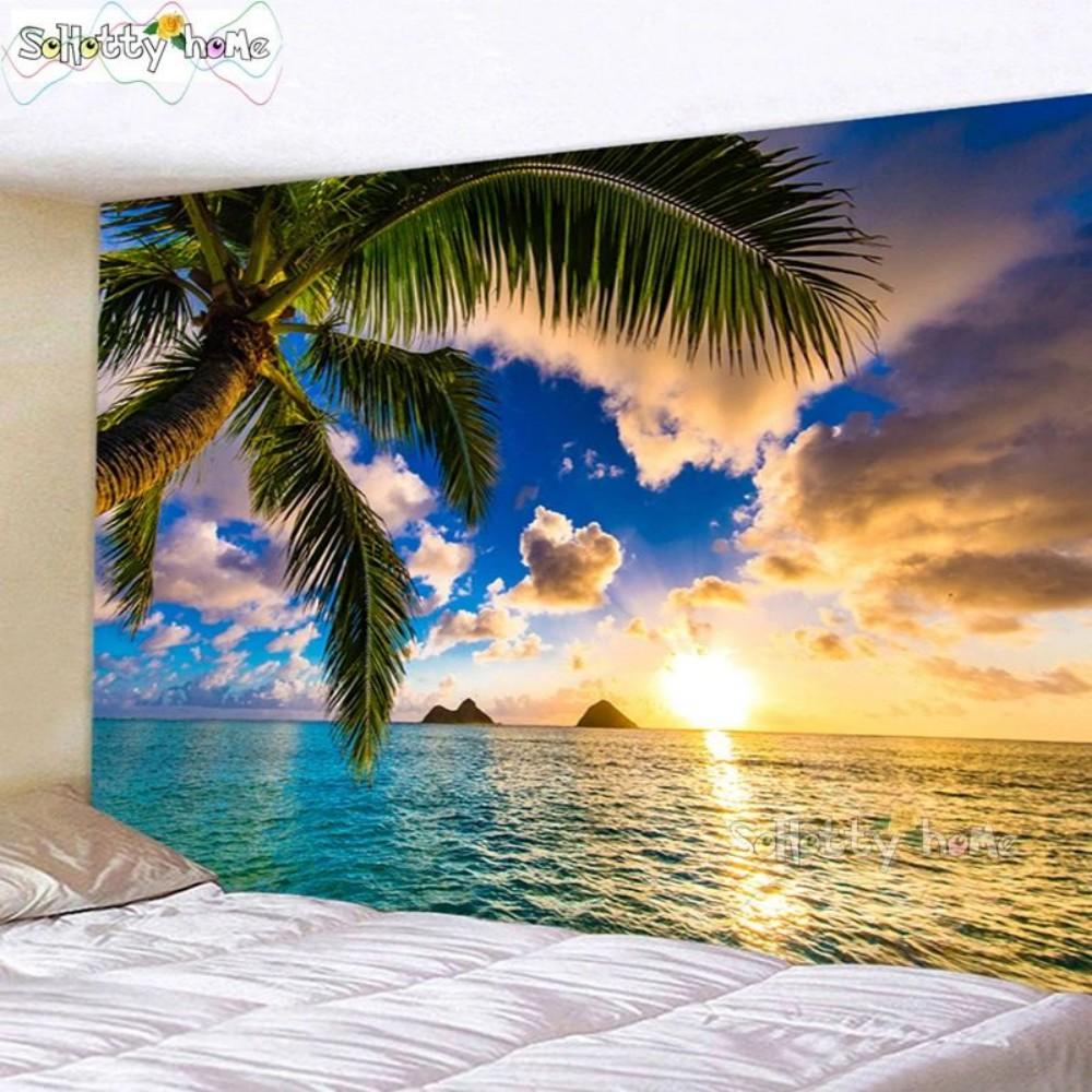 VIKAMA Coastal Landscape Print Tapestry Bedroom Headboard Living Room Study Home Wall Hanging Decor Machine Washable Durable