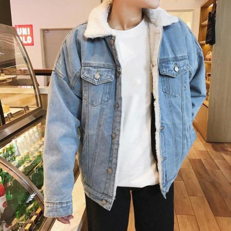 Giacca da Uomo con Bavero Manica Lunga in Tessuto Denim Cappotto con Tasche a Pattina Ispessito