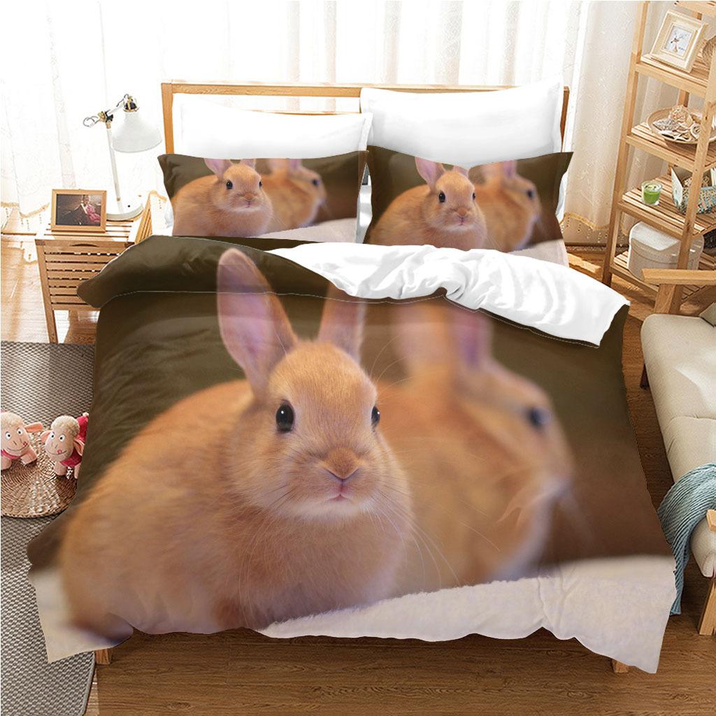 Kids Rabbit Duvet Cover Set, Cute Brown Bunnies Bedding Set For Boys Girls, Kawaii Animal Decor 3 Pieces Duvet Cover