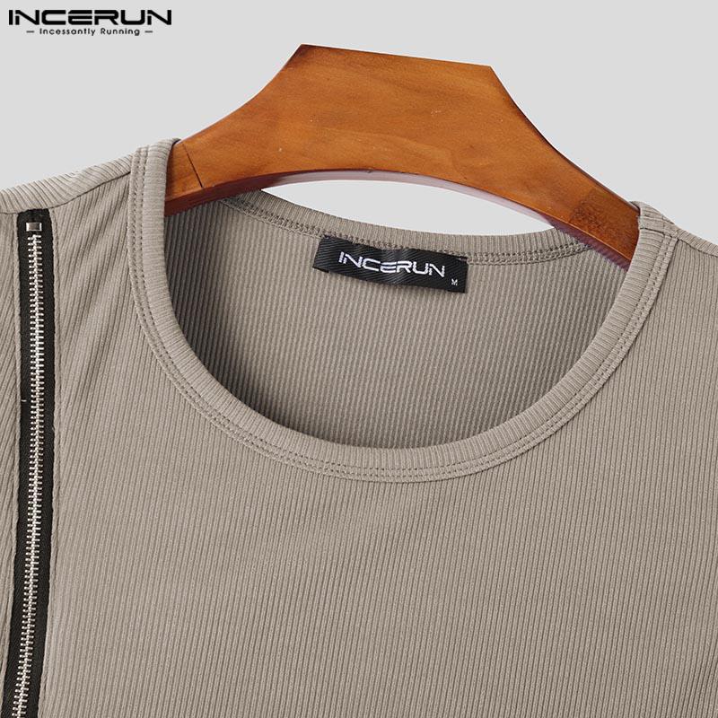 INCERUN Summer Men O Neck Zip-up Sleeveless Rib Sport Casual Fitted Tank Tops
