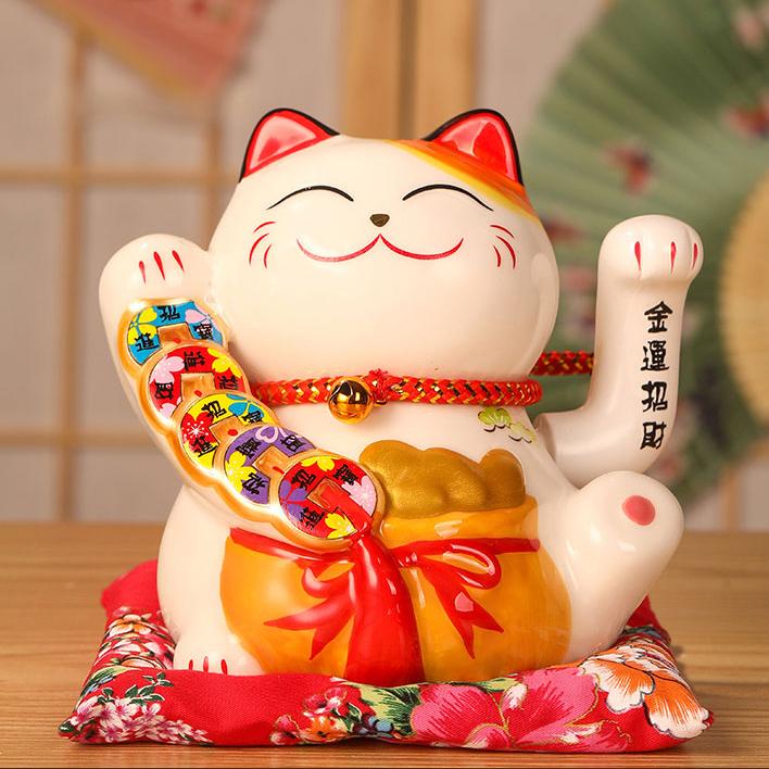6 Inch Fortune Cat with Waving Arm Ceramic ManekI Neko Feng Shui Ornament Lucky Cat for Shops, Restaurants and Home Deoration