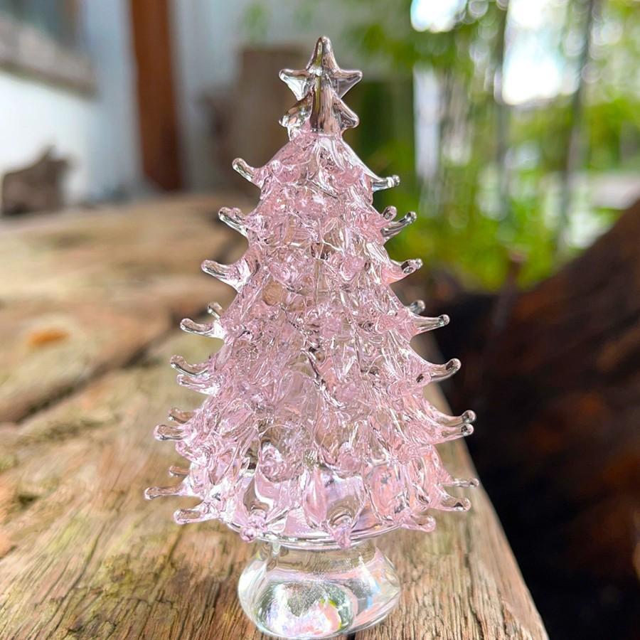 Glass Christmas Tree Figurines Set of 3 Decorative Holiday Ornaments with Star Tops for Table Centerpiece or Shelf Display