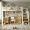 Hoogslaper 90x200 cm Wit Natuurlijk Hout, met Bureau, Lades, Opbergtrap en Hangplank, Ruimtebesparend Functioneel Bed voor Kinderkamer