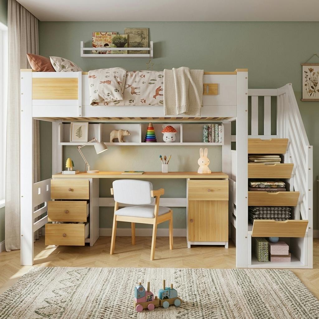 Hoogslaper 90x200 cm Wit Natuurlijk Hout, met Bureau, Lades, Opbergtrap en Hangplank, Ruimtebesparend Functioneel Bed voor Kinderkamer
