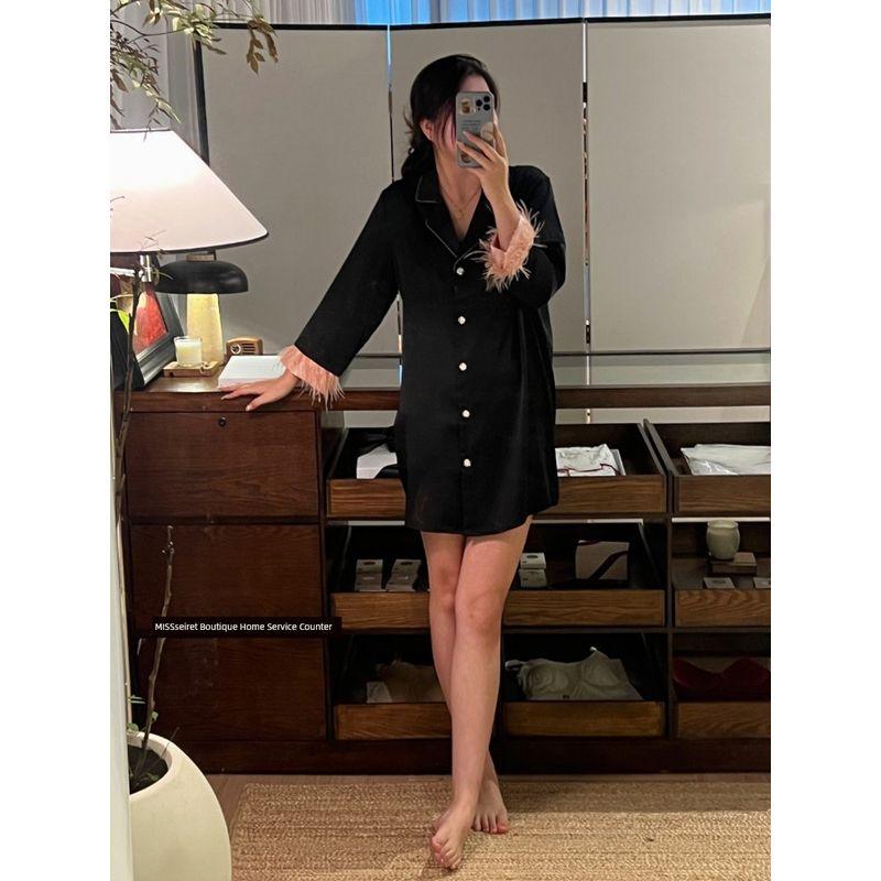 Dutch Original Order ~ Diamond Buckle Black Feather Nightdress Women's Detachable Long Sleeves Pants Single-Breasted Suit Homewear
