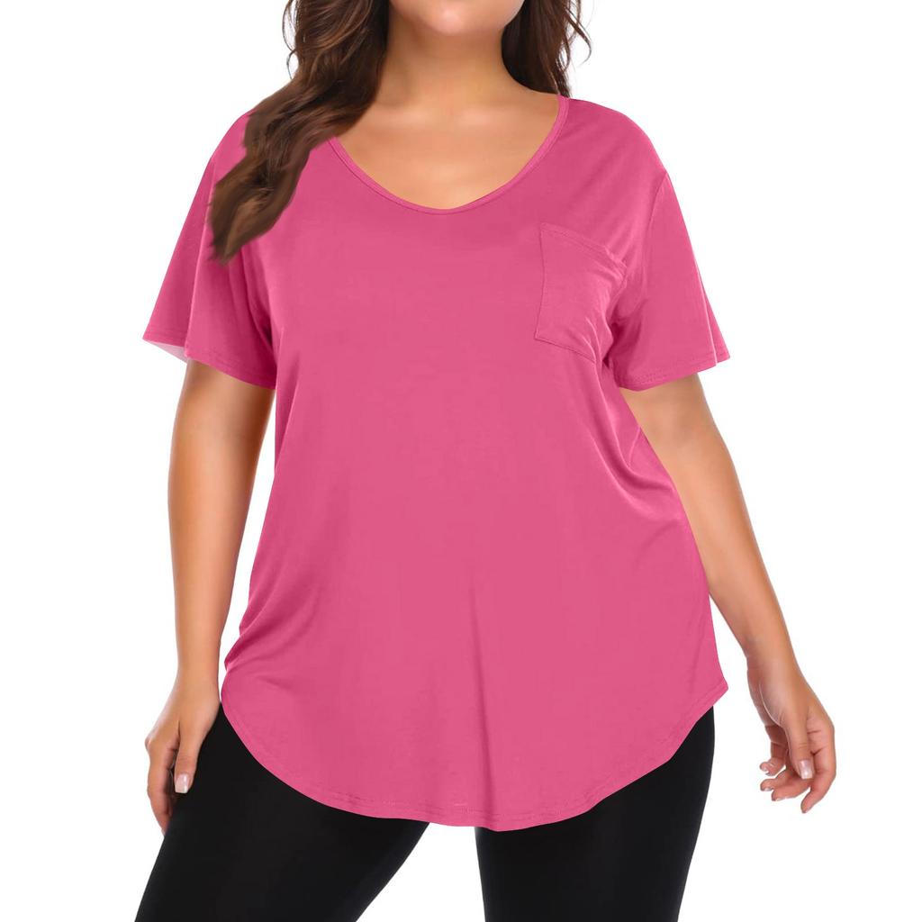Women's Solid Color Large Size V-neck Top Loose Pocket T-shirt