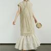 Women Vintage Jacquard Dresses Stand Sleeveless Button Summer Patchwork Lace Chinese Style Soft A-Line Dress