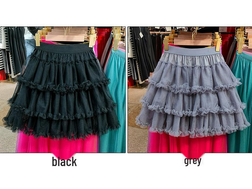 Women's High-Waist Ruffled A-Line Skirt with Mesh Overlay and Safety Lining