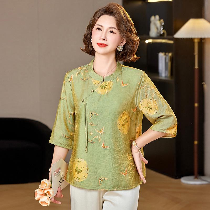 

Stylish Mid-Sleeve Chinese Style Summer Top for Middle-Aged Women 5XL зелений