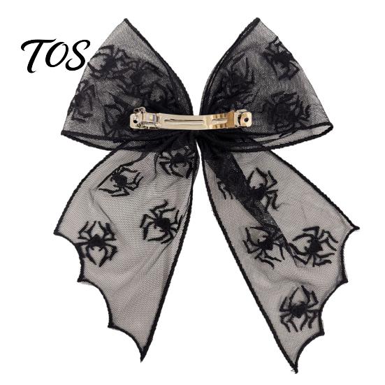 Dark Style Hair Clip Halloween Bat Mesh Bow Spring Clips, Black White Lace Spider Web Durable Barrettes, Gothic for Women Cosplay Costume Accessory