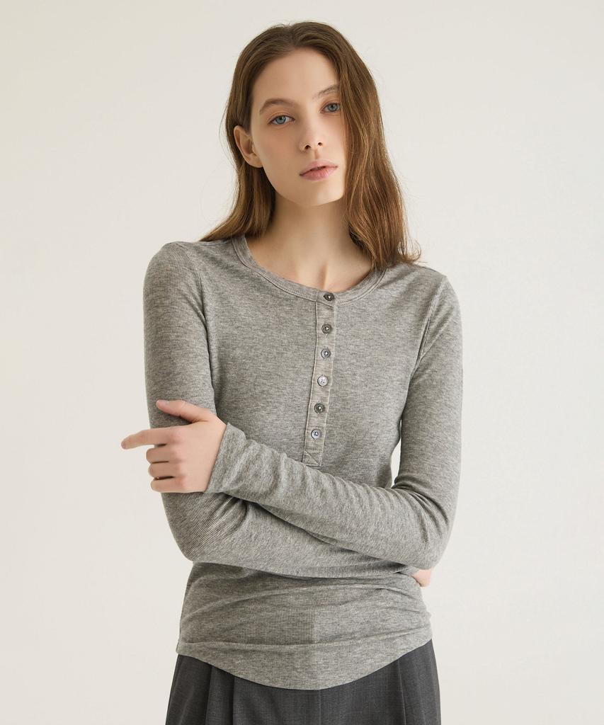 Oteumilkape Tencel Wool Henley Neck T-Shirt - Gray