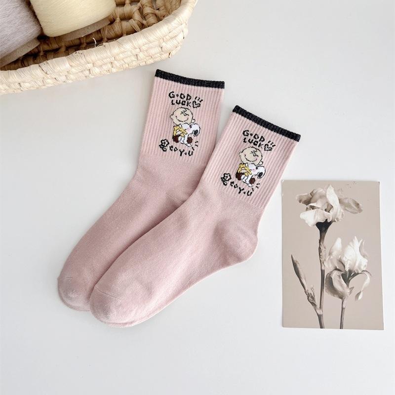 Cartoon Puppy Mid-calf Socks for Women with Contrasting Color Edges, Men and Women Wear Pure Cotton Retro Trendy Socks