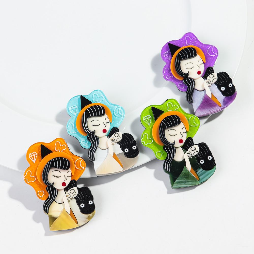 New Cute Coffee Girl Cat Acrylic Brooches for Women Cartoon Hat Lady Figure Badges Pins Female Office Jewelry Accessories Gifts