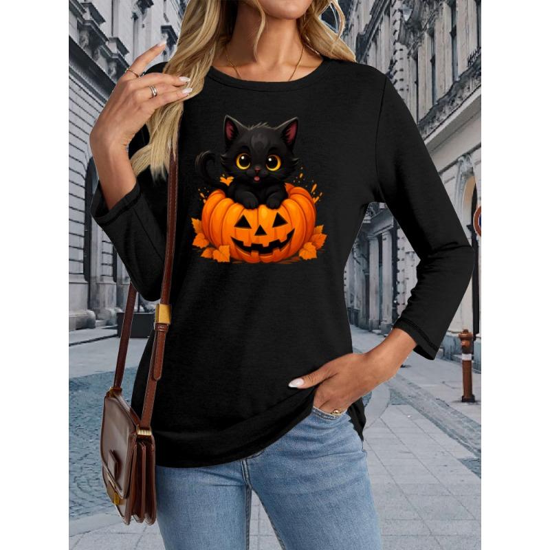 Black Cat Pumpkin Print Women's Round Neck Long Sleeve T-Shirt