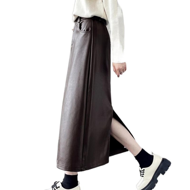 Saia de couro rachado saia feminina outono figura em forma de pêra saia longa envolta em pu cintura alta saia reta