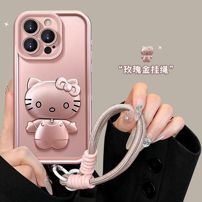 Pink cat mirror for iphone16 iPhone case 15 Frosted silicone 14 Premium sense 13 Lanyard female
